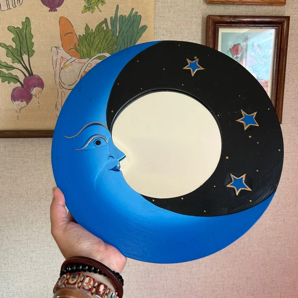 Celestial Crescent Moon Star Wooden Wall Mirror Blue Black Hand Painted 12 Inch
